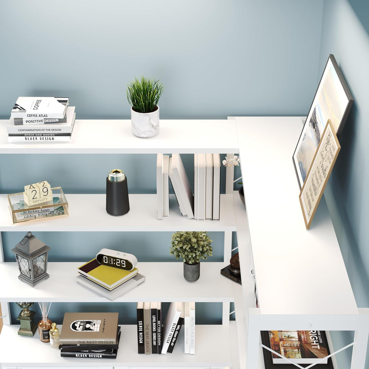 Corner Bookshelf 6 Tier, Large White Wooden Bookcase for Corner,Farmhouse Etagere L Shaped Book-Shelf with Metal Frame & Cabinet for Living Room Home Office