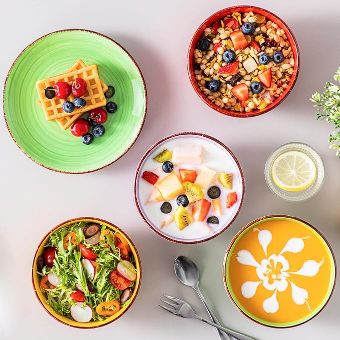 vancasso Bonita Dinnerware Set Muticolor Stoneware 12 Pieces Service for 4, Handpainted Spirals Pattern Stoneware Plates and Bowls Set