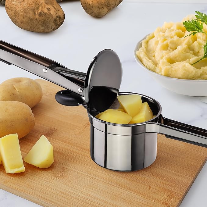 Zulay Kitchen Large 15oz Potato Ricer, Heavy Duty Stainless Steel Potato Masher and Ricer for Mashed Potatoes, Mashed Potato Masher & Potato Press Gadget for Perfect Mashed Potatoes - Metallic Black
