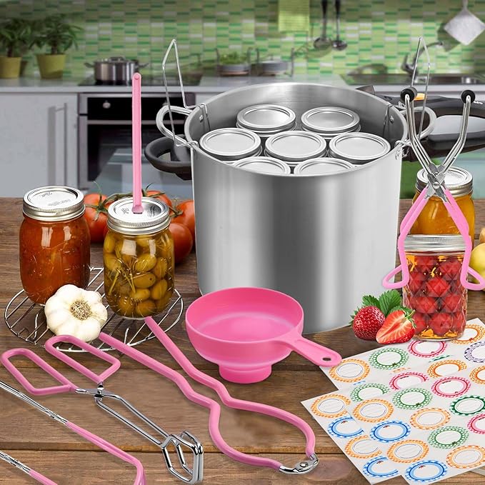 Canning Pot Water Bath Canner with Rack and Lid, 21.5 Quart Stainless Steel Stock Pots, Canning Supplies Starter Kit, Jar Lifter Tongs, Funnels and Full Canning Accessories Tools Set, Pink