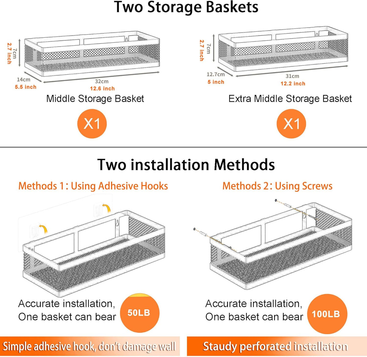 PUSDON Hanging Storage Baskets Organizer Wall Mount, Metal Wire Storage Bin Rack for Kitchen Bathroom Shower Spice Shelf Home Decor Essentials Black-2 Packs (Netting)