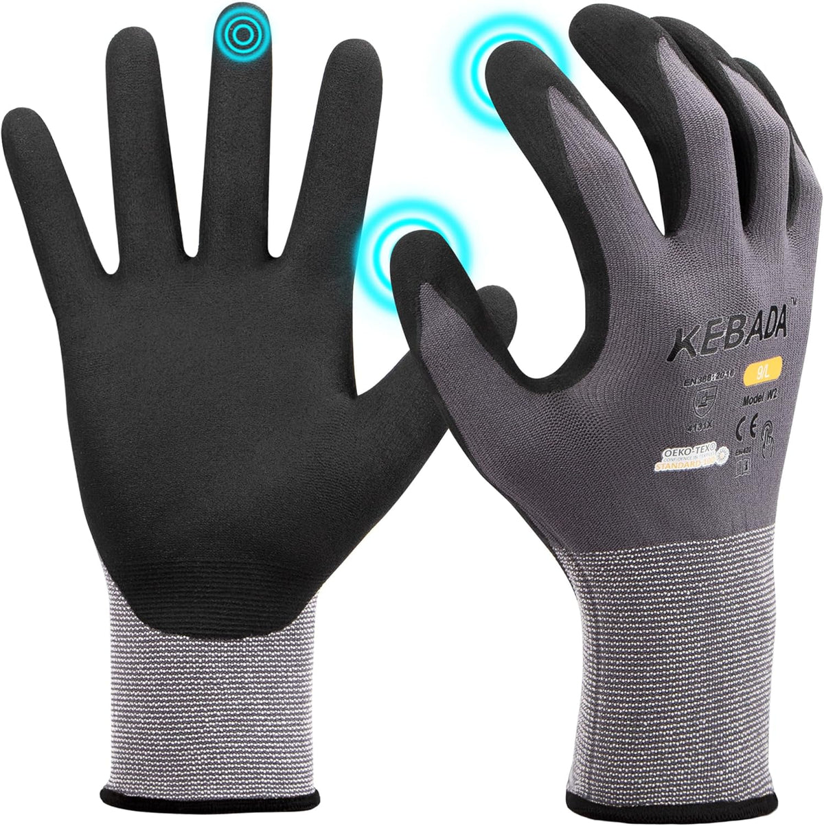 Kebada W2 Safety Work Gloves, Micro-Foam Nitrile Coated Gloves, Touchscreen,Ideal for Package Handling, Gardening, Construction, 1 Pair Large