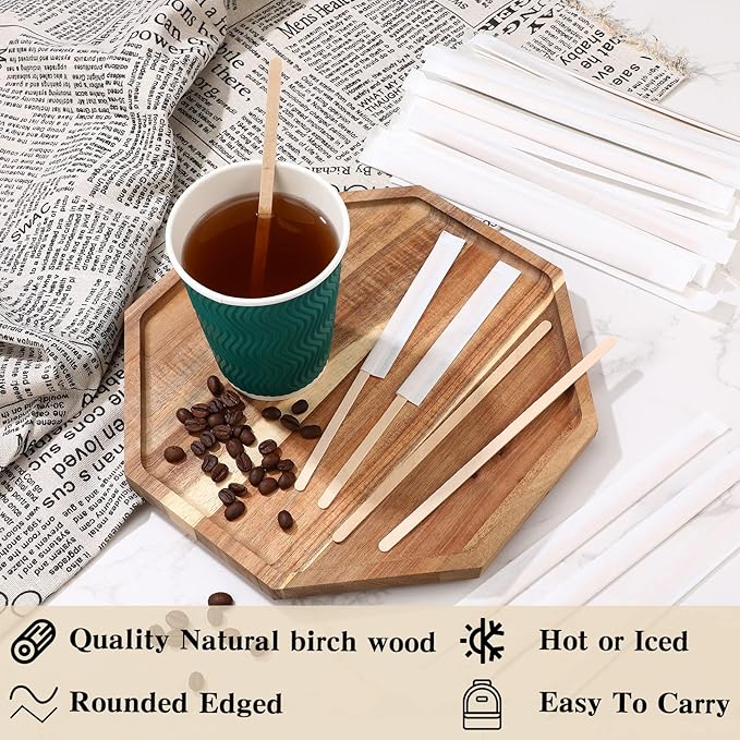 2000 Pcs Individually Wrapped Wooden Coffee Stirrers, Disposable Coffee Stir Sticks Round End Sticks Bulk Wood Stirrers for Cocktail Hot Drinks Restaurant Bar Home Office (7 Inch)