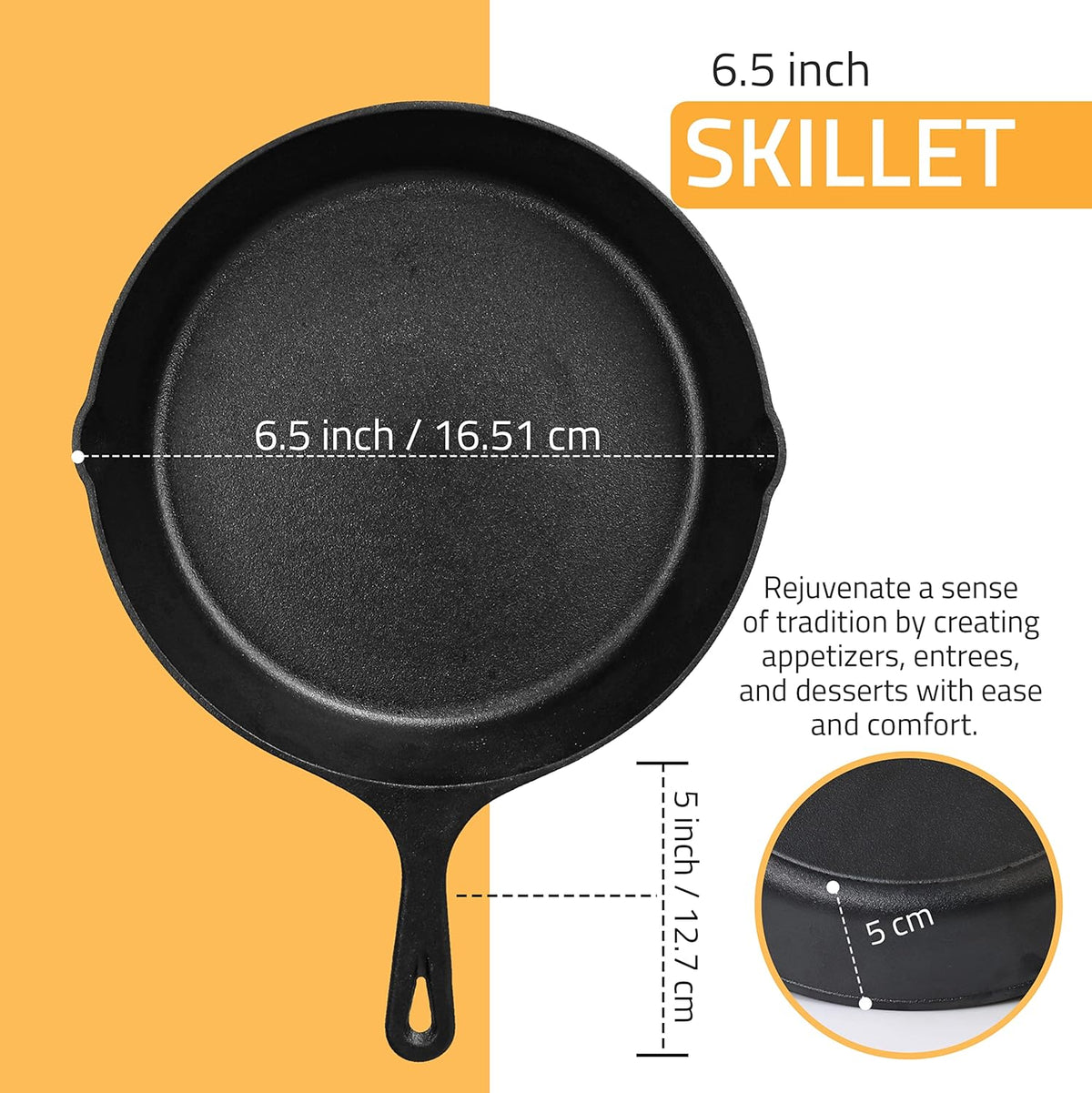 Utopia Kitchen Cast Iron Frying Pan 6.5 Inch, Cast Iron Chefs Pan, Pre Seasoned Skillet, Safe Grill Cookware for Indoor & Outdoor Use, Black