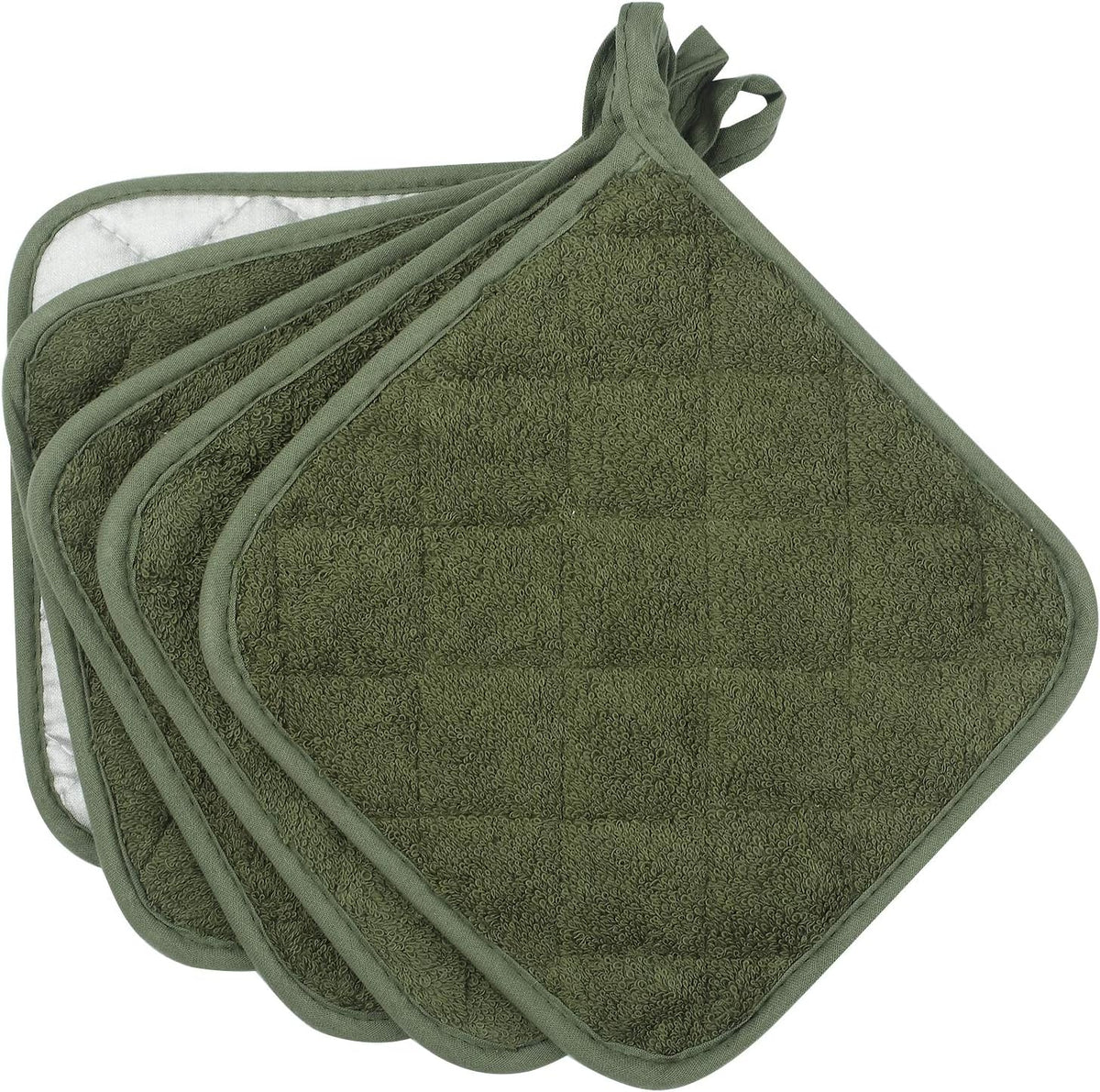 100% Cotton Kitchen Everyday Basic Terry Pot Holder Heat Resistant Coaster Potholder for Cooking and Baking Set of 5 Olive Green