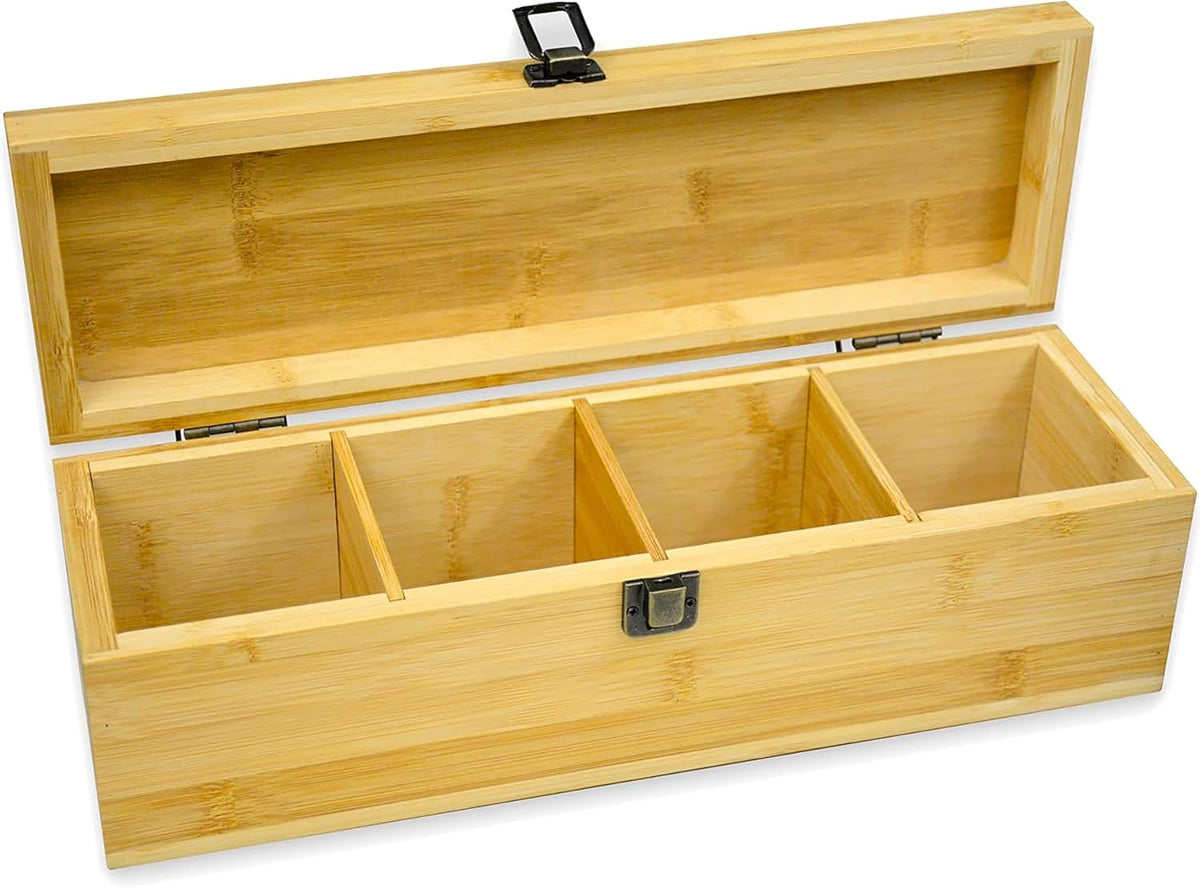 Bamboo Tea Organizer Box Chemical Free Eco-Friendly Big, Tall, Adjustable Cubbies Natural Wooden Storage Chest (4-Slot Across 14.3" x 4.4" x 4.2" with Tea Leaf design)