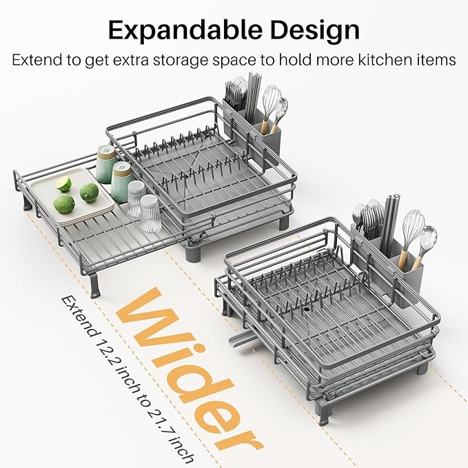 SNTD Dish Drying Rack - Extendable Dish Rack, Large Sink Drying Dish Drainer for Kitchen Counter, Stainless Steel Dish Strainer with Utensil Holder (Grey)