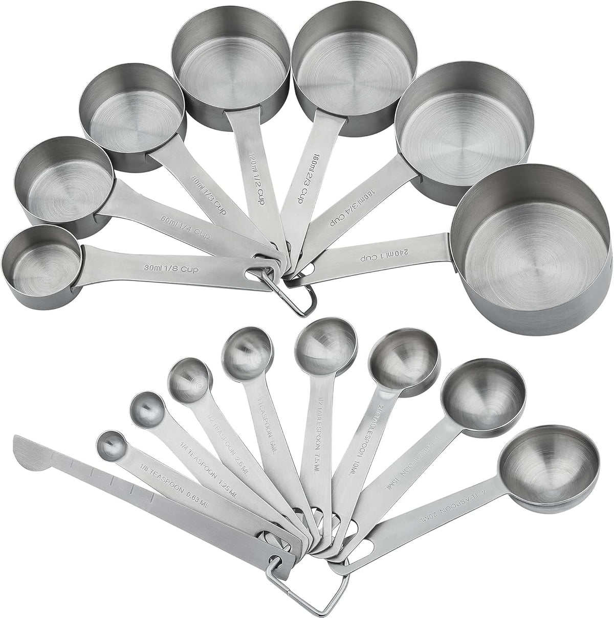 Measuring Cups and Spoons Set, Stainless Steel Measuring Cups, 18/8(304) Material Heavy Duty 7 Measuring cups and 8 Measuring Spoons 1 Leveler and 2 rings Pack 18pcs Per set