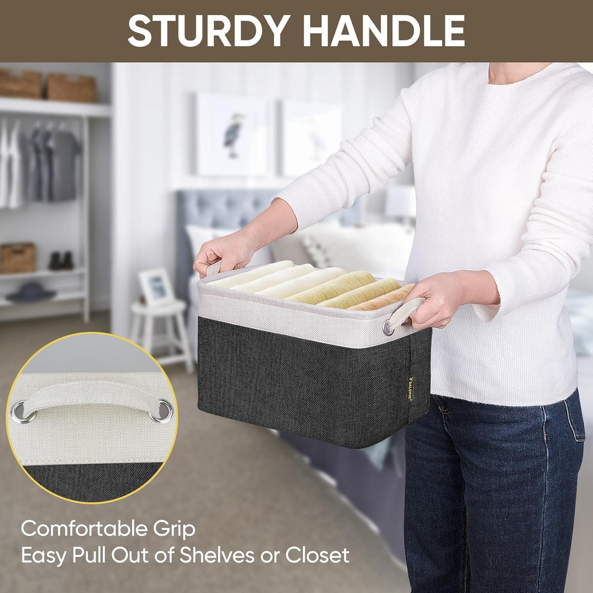 BALEINE 4 Pack Fabric Storage Bins for Shelves, Linen Storage Baskets for Organizing, Decorative Closet Bins for Clothes, Home (Black, 12"x8"x8")