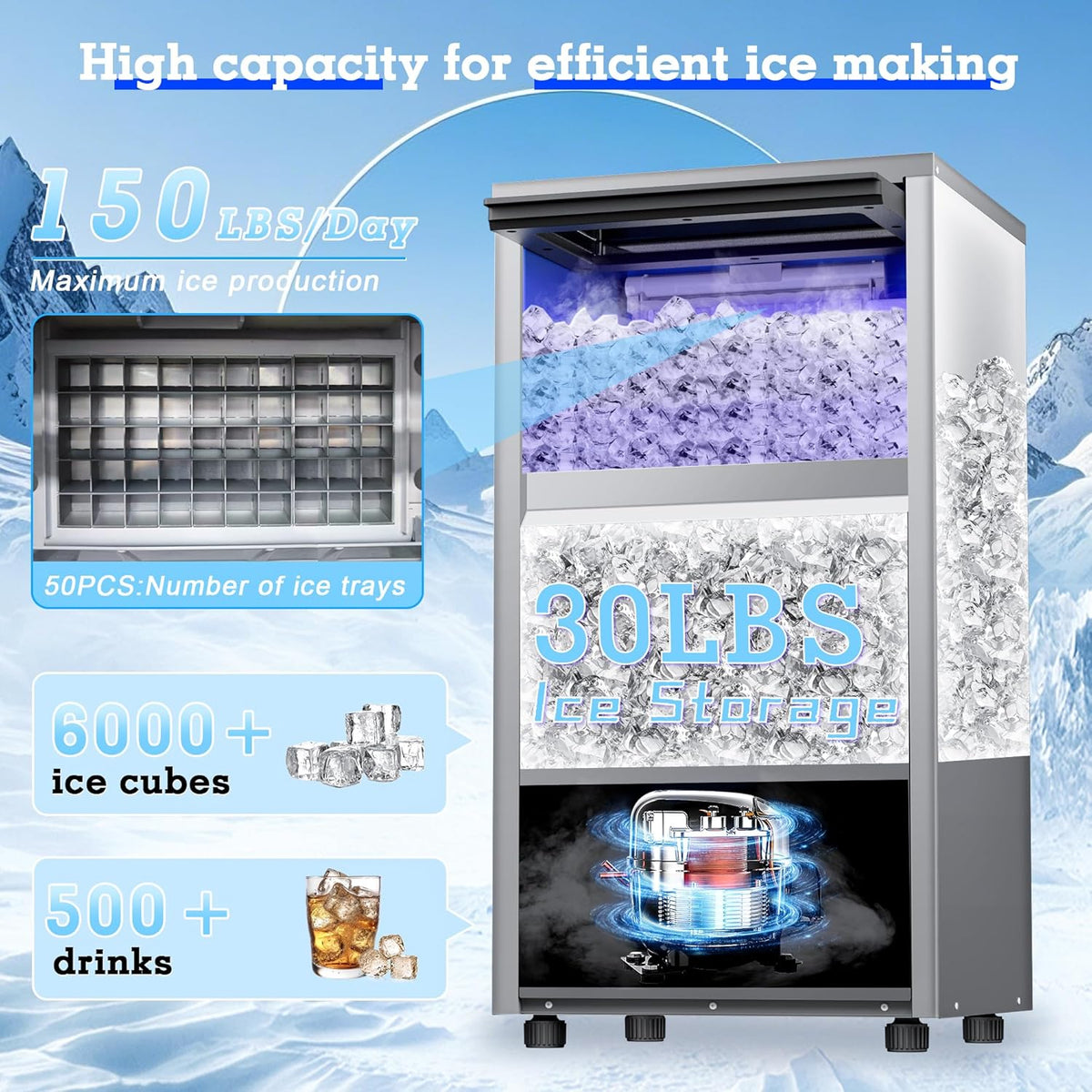 Commercial Ice Maker Machine 150lbs/24H with 30lbs Storage, Stainless Steel Undercounter/Freestanding Ice Machine 50Ice/Cycle 2 Water Inlet Modes Self-Cleaning for Homes Restaurants Bars
