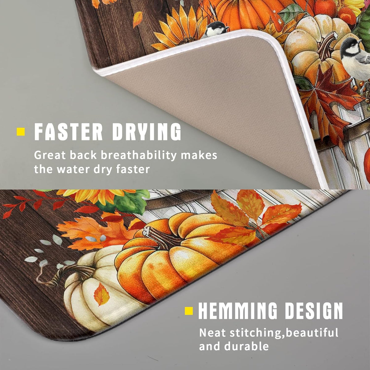 Fall Pumpkin Dish Drying Mat for Kitchen Counter Decor 16x18 Inch Halloween Thanksgiving Dish Drainer Mats Absorbent Reversible Dishes Pad