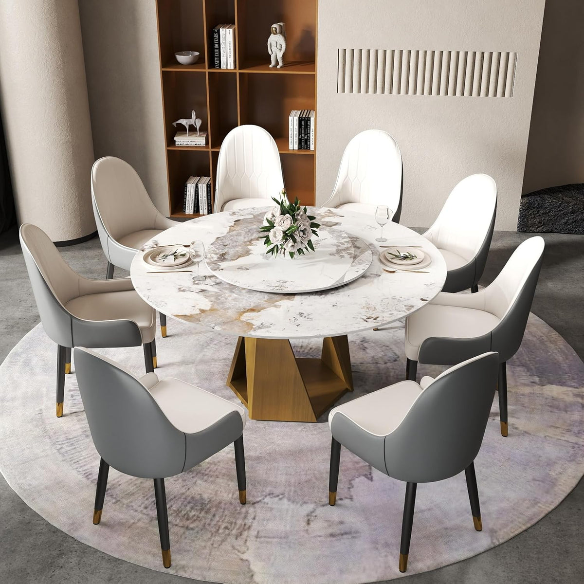 Montary 9 Piece Dining Table Chairs Set, Modern Dining Table Set of 8, Includes 59" D Marble Round Table with Bronze Iron Metal Base, 8 Gray White Dining Chairs for Home, Kitchen