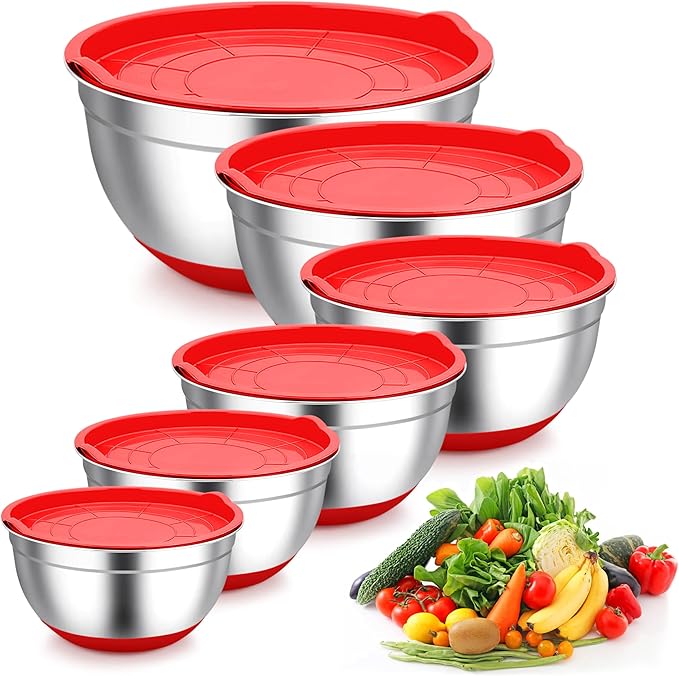 TeamFar Mixing Bowls, Red Mixing Bowls with Lids Set, Stainless Steel Nesting Salad Bowl with Air-tight Lid & Silicone Bottom, Non Slip & Stackable - Set of 6-4.6/2.6/2 / 1.5/1 / 0.7 Qt