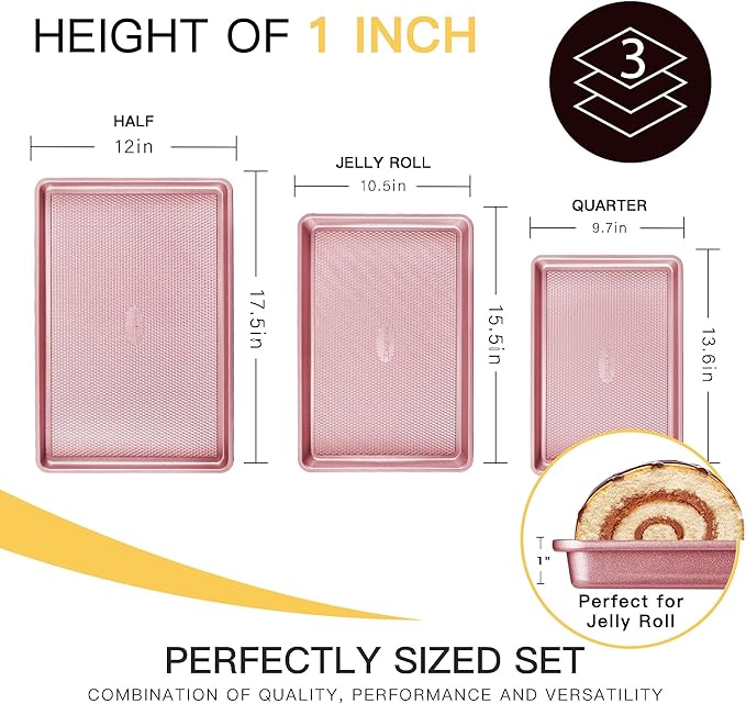 HONGBAKE Baking Sheet Pan Set, Cookie Sheets for Oven, Nonstick Half/Quarter/Jelly Roll Pans with Diamond Texture Pattern, Heavy Duty Cookie Tray, Pink