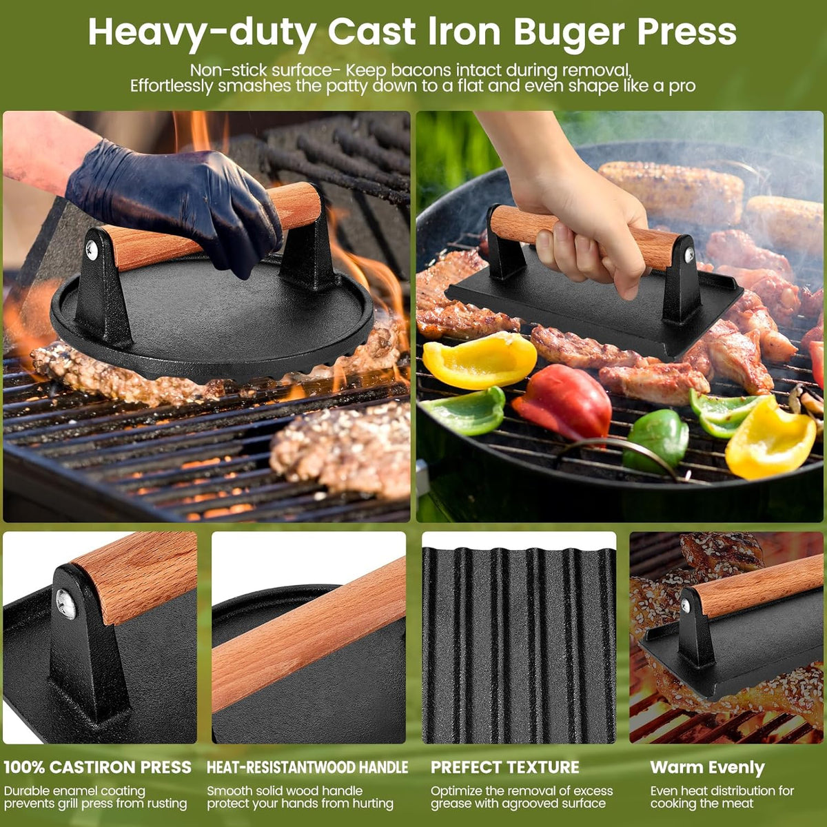 Blackstone Burger Press Set - 7" Round smash burger press & 8.3"x4.3" Rectangle Cast Iron Grill Press with Wooden Handle - Smasher is perfect for Blackstone Griddle, Pitboss Weber Griddle Grills