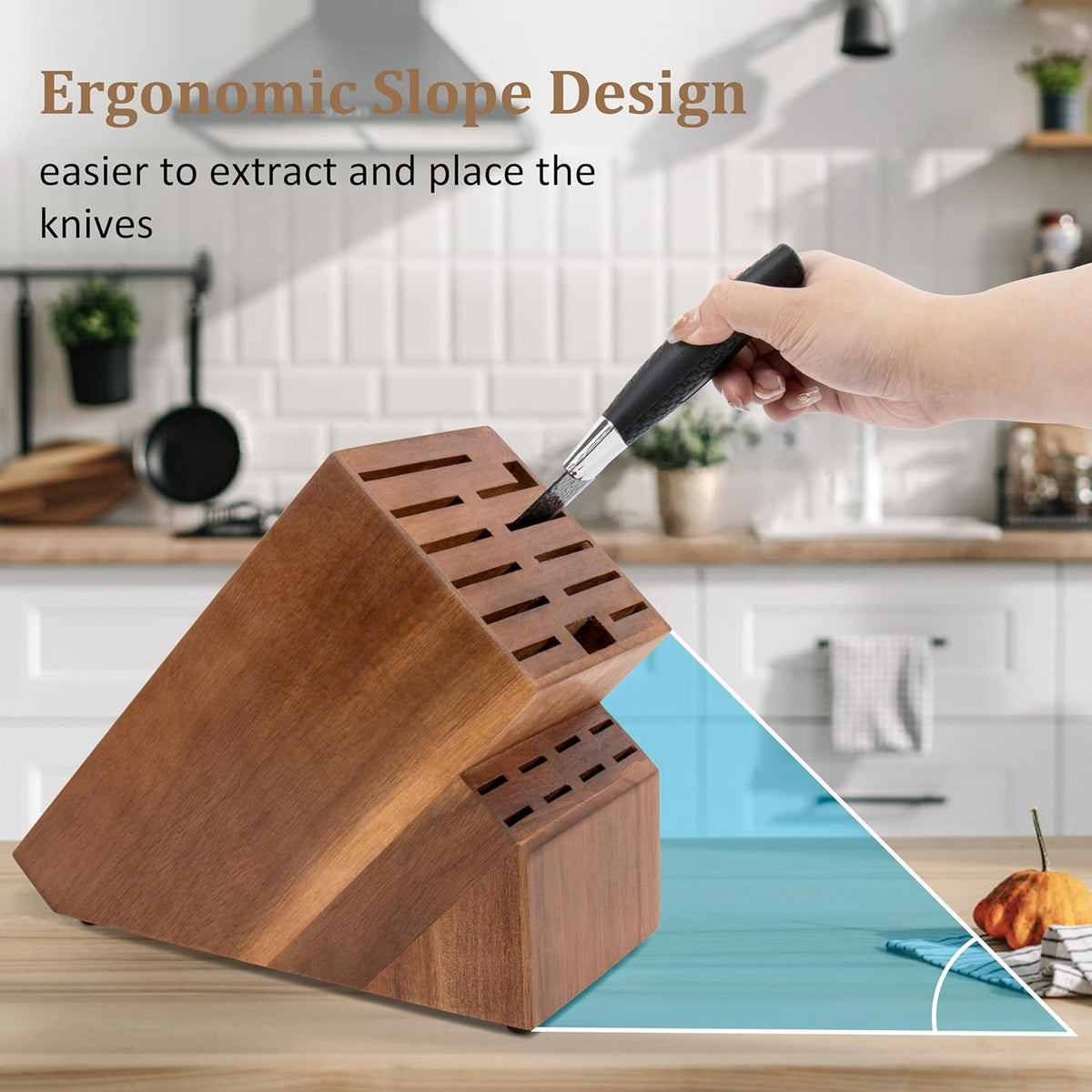 20 Slot Knife Block Storage without Knives,Acacia Wood Universal Knife Holder for Kitchen Countertop,Large Butcher Block Organizer,Easy Kitchen Knife Storage (Brown)