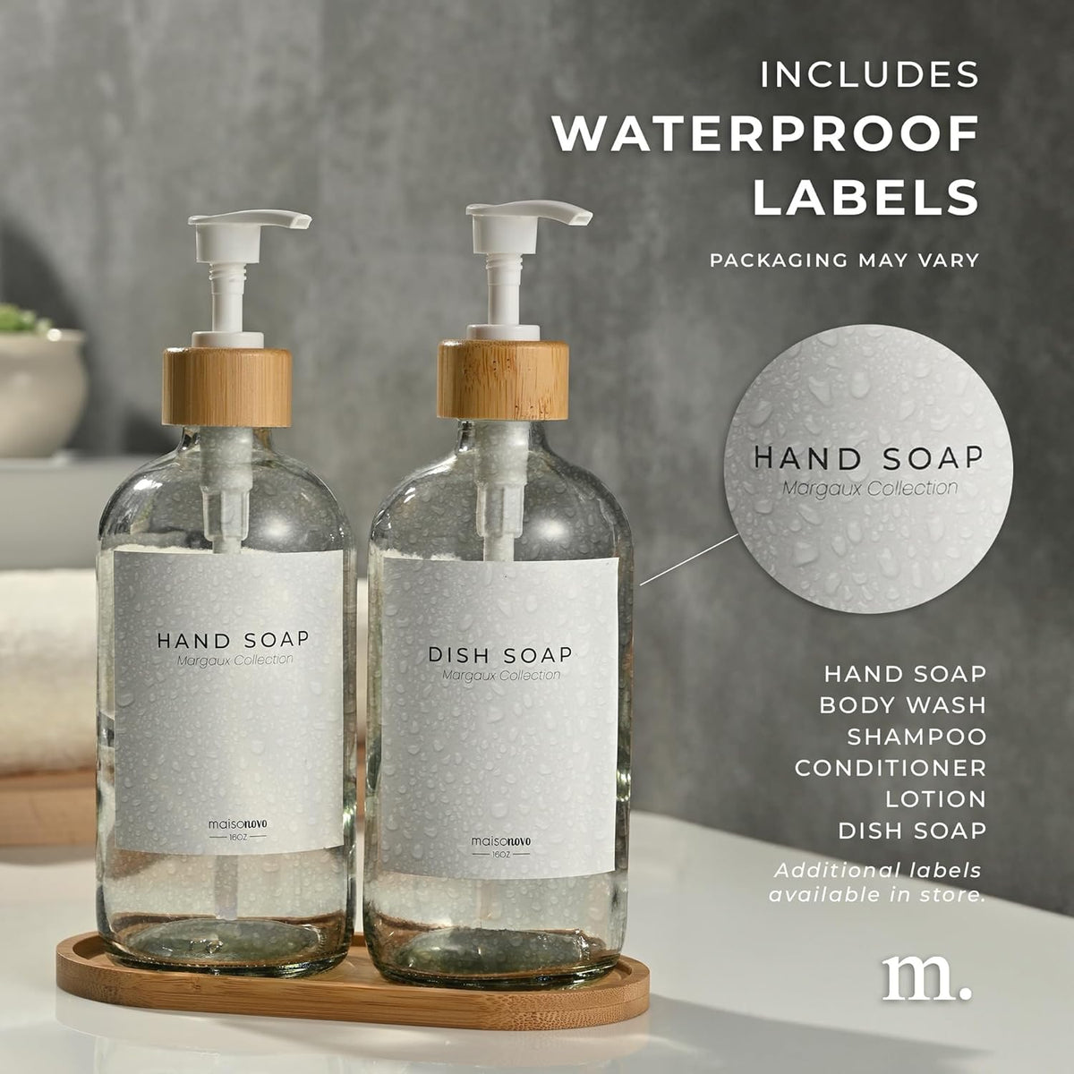 Maisonovo Glass Soap Dispenser Bathroom Set | Hand Soap and Dish Soap Dispenser Set | 16.9oz Clear Bottles with White Bamboo Pump | Bathroom Lotion Dispenser with Pump Set of 2
