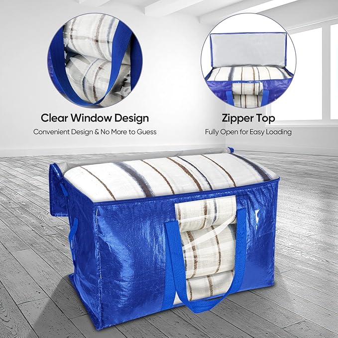 BALEINE 6-Pack Oversized Moving Bags with Reinforced Handles, Heavy-Duty Storage Tote Moving Supplies for Packaging, Camping (Blue w/Window, 6-Pack)