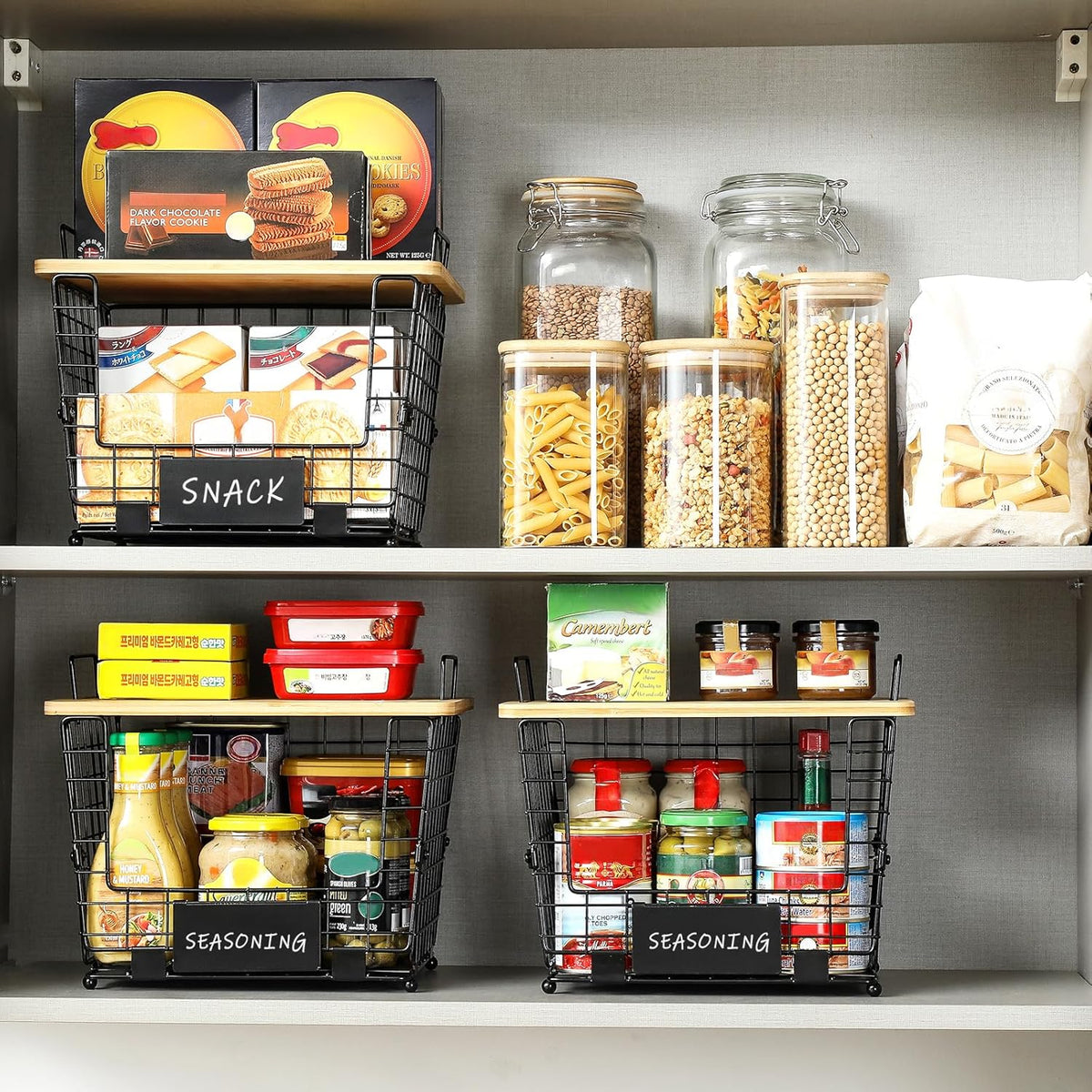 2 Set Large Stackable Wire Basket with Bamboo Tops & Tag- Pantry Organizer and Storage Bins, Kitchen Counter Cabinet Shelf Countertop Under Sink Organizing for Food Snack Produce Onion Potato Bread
