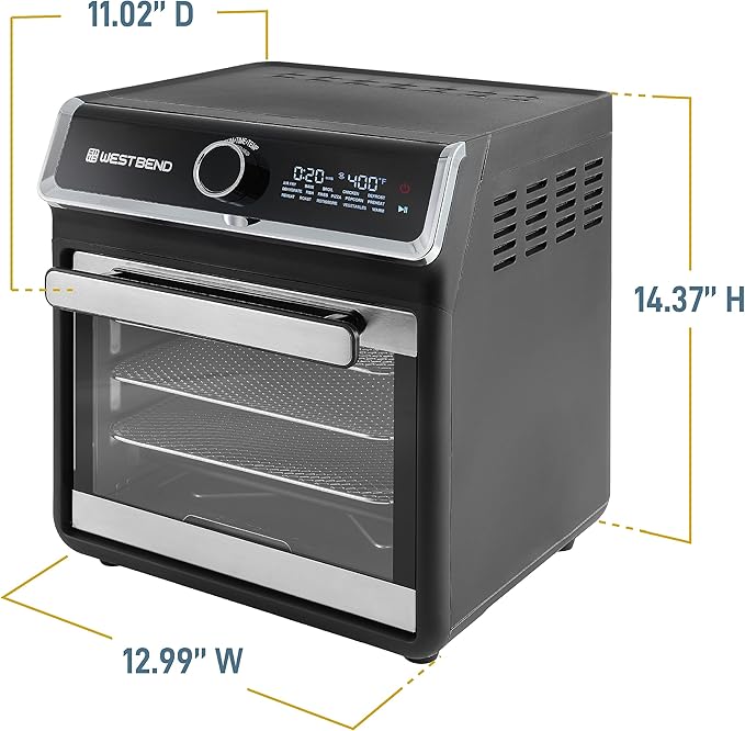 West Bend Air Fryer Oven 15-Quart Capacity with Digital Controls Easy-View Door and 16 Cooking Presets, Includes Eight Cooking Accessories, 1000-Watts, Black