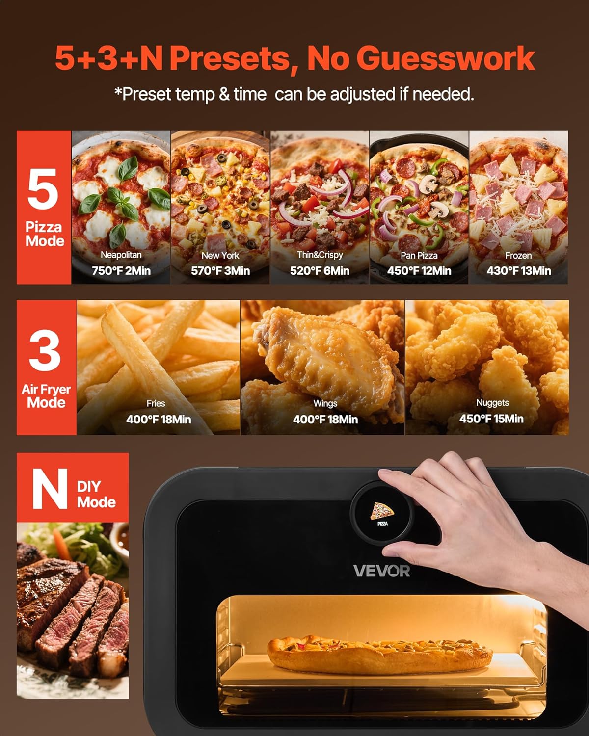 VEVOR Pizza Oven, 8 Presets Electric Pizza Ovens Air Fry Combo, 12-Inch Indoor Pizza Maker Smart Knob Control, 750°F Max Temp, IPX4 Waterproof Countertop Pizza Cooker w/Pizza Stone,Fry Basket