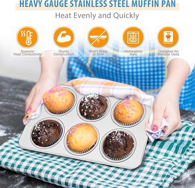 E-far Stainless Steel Muffin Pan, 6-Cup Cupcake Pan Tin for Baking, Metal Muffin Pan Tray Mold, Non-toxic & Healthy, Oven & Dishwasher Safe, Regular Size - 11.44 x 7.12 x 1.25 Inch