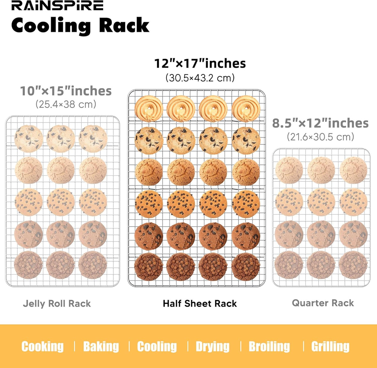 Rainspire Cooling Rack Stainless Steel, Heavy Duty Cooling Racks for Cooking and Baking, Oven Safe Wire Rack for Cooking, Baking Rack for Oven Cooking Fits Half Sheet Cookie Pan, 12" x 17", 2-Pack