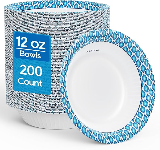 MUCHII 12 Oz Paper Bowls 200 Counts Disposable Bowls, Printed Soak Proof Small Bowls for Breakfast, Lunch, and Dinner Meals