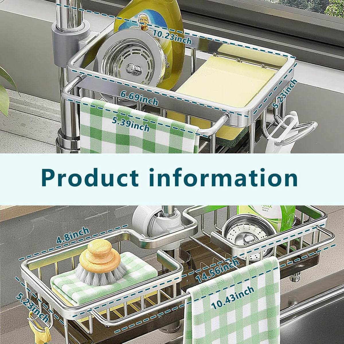 Kitchen Sink Faucet Organizer Rack – Over Faucet Sponge Holder for Kitchen & Bathroom, Aluminum Caddy for Dish Soap, Brush, Cloth, Rustproof Sink Accessories (Right Grey)