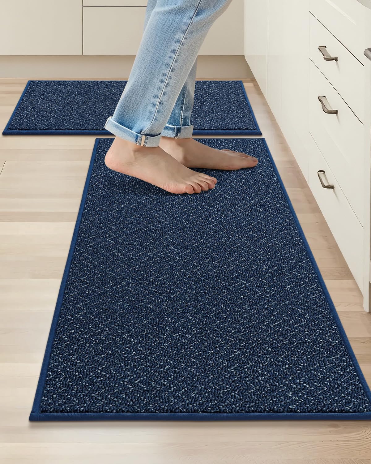COSY HOMEER Kitchen Rugs and Mats 2PCS Non Slip Kitchen Mats for Floor Washable Stain Resistant Kitchen Runner Rug Sets Absorbent Kitchen Floor Mat 20"x32"+20"x48",Navy Blue