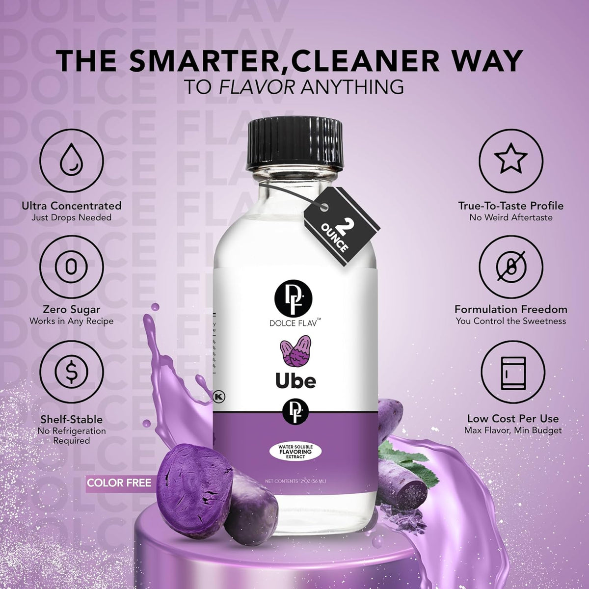 Dolce Flav Clear Ube Extract - 2 Ounce Water-Soluble Multipurpose Flavoring Ideal for Ice Cream, Cookies, Boba, Coffee & Pastries - Purple Yam Flavoring - Perfect Kitchen Gift for Holidays