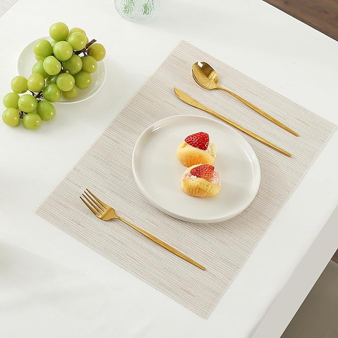 Leetaltree Pale Beige Placemats Set of 12 - Heat Resistant Non-Slip Place mats for Dining Table, Washable Durable PVC Vinyl Woven Table Mats（Pale Beige, 12）