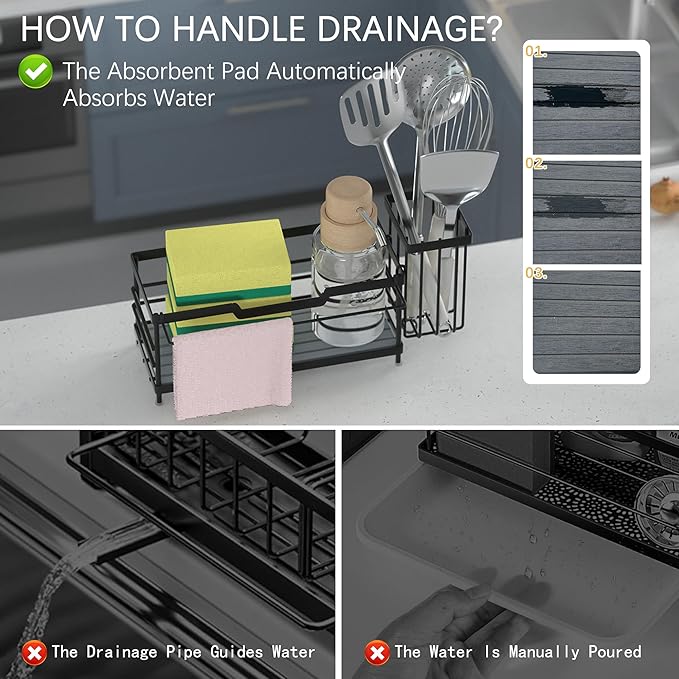 Sponge Holder for Kitchen Sink,Sink Caddy Organizer With Stone Drying Tray, Stainless Steel Kitchen Countertop Organizer for Sponge Soap Dispenser Black