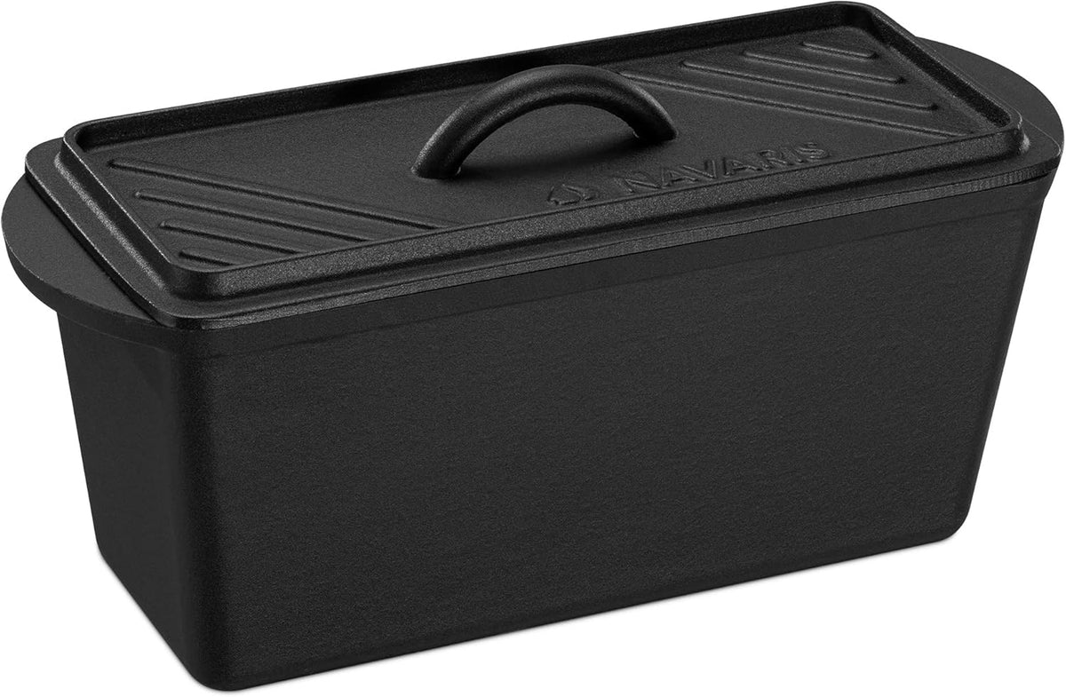 Navaris Long Bread Pan - Cast Iron Bread Loaf Pan with Lid for Homemade Sourdough Baking - 2 in 1 Cast Iron Loaf Pans - Covered Sour Dough Sandwich Baker - Dutch Oven Bakeware Set