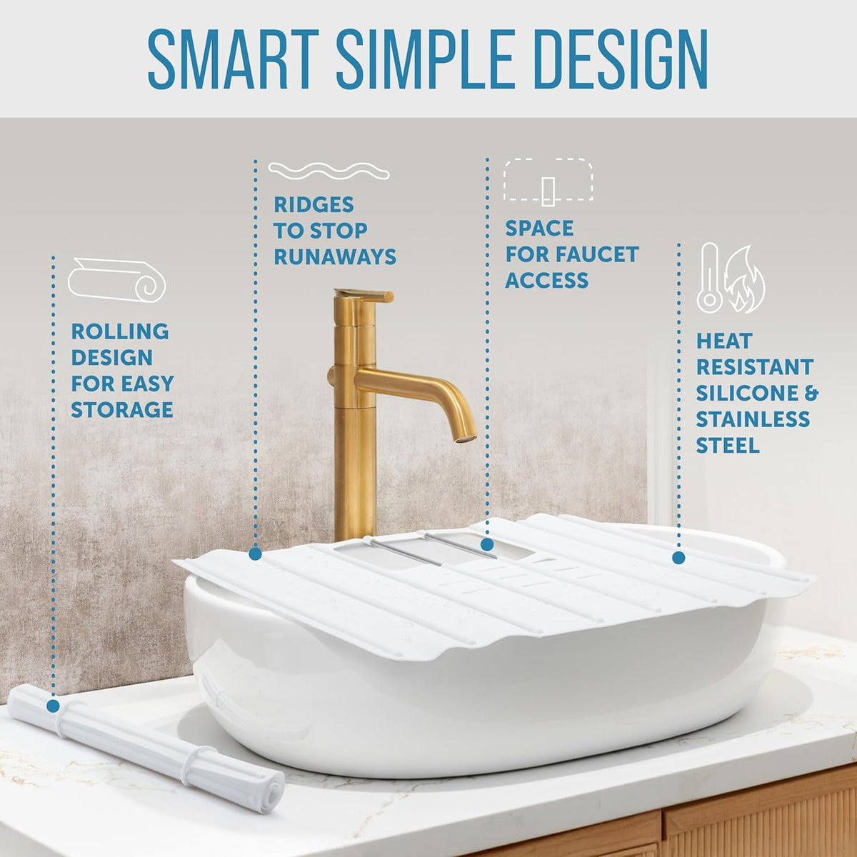 Maplefield Travel Size Bathroom Sink Cover for Counter Space - Foldable Silicone Sink Mat for Beauty Routine, Ideal for Small Bathroom, RVs, Camper Vans (White Small, 19.5 x 15.5 x 1.6 Inches)
