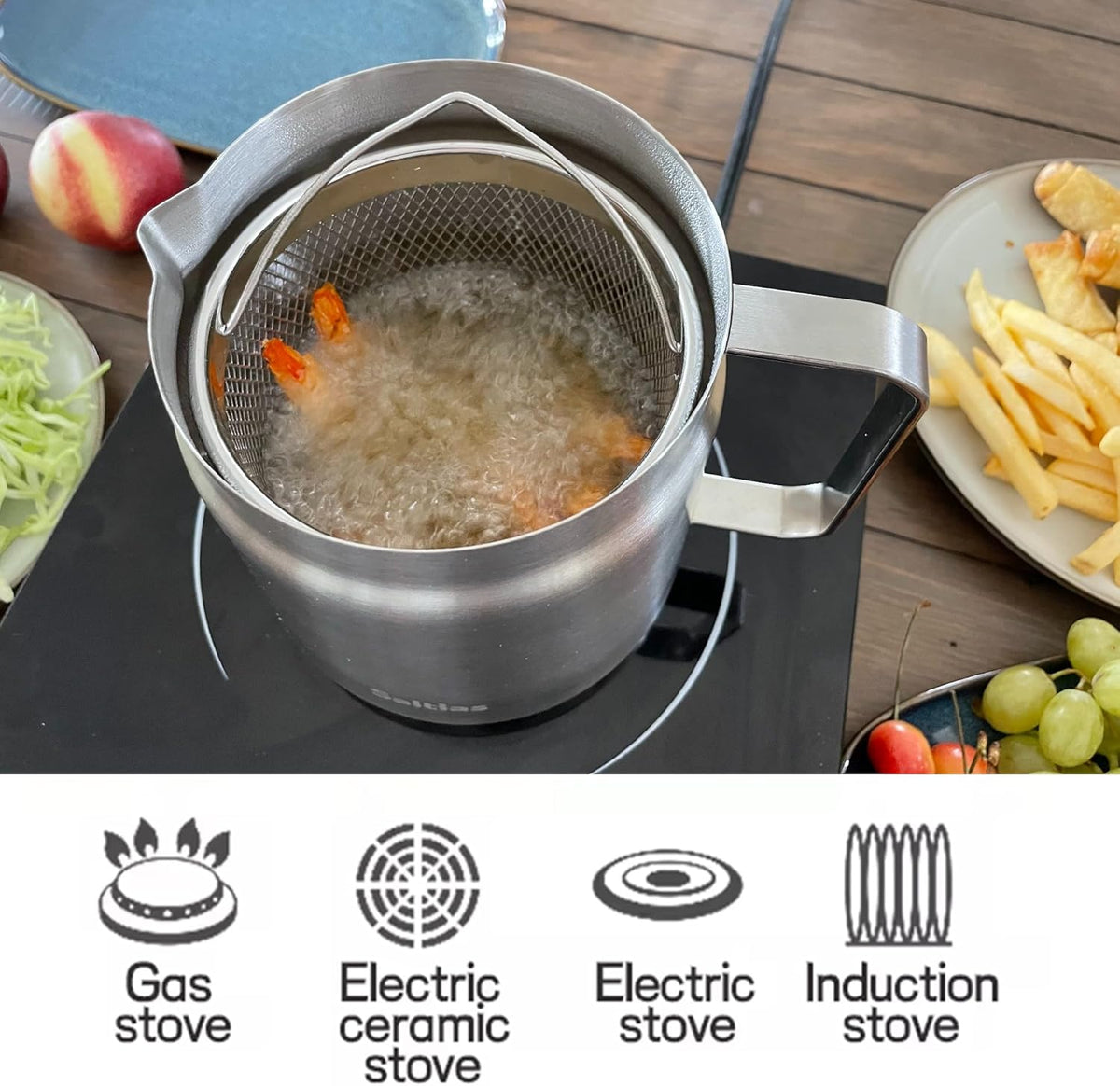 Deep Fryer Pot with Basket and Oil Strainer, 304 Stainless Steel Deep Frying Pot for French Fries, Chicken, or Japanese Tempura, 2L (2Qt)