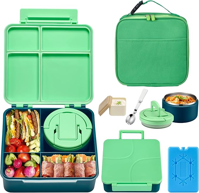 Bento Lunch Box with 8oz Soup Thermo,Kids Leakproof 4 Compartment Lunch Food Containers with Sauce Cup and Ice Pack,Kids Thermo Insulated Hot Food Jar and Lunch Bag for School,Trvael-Green