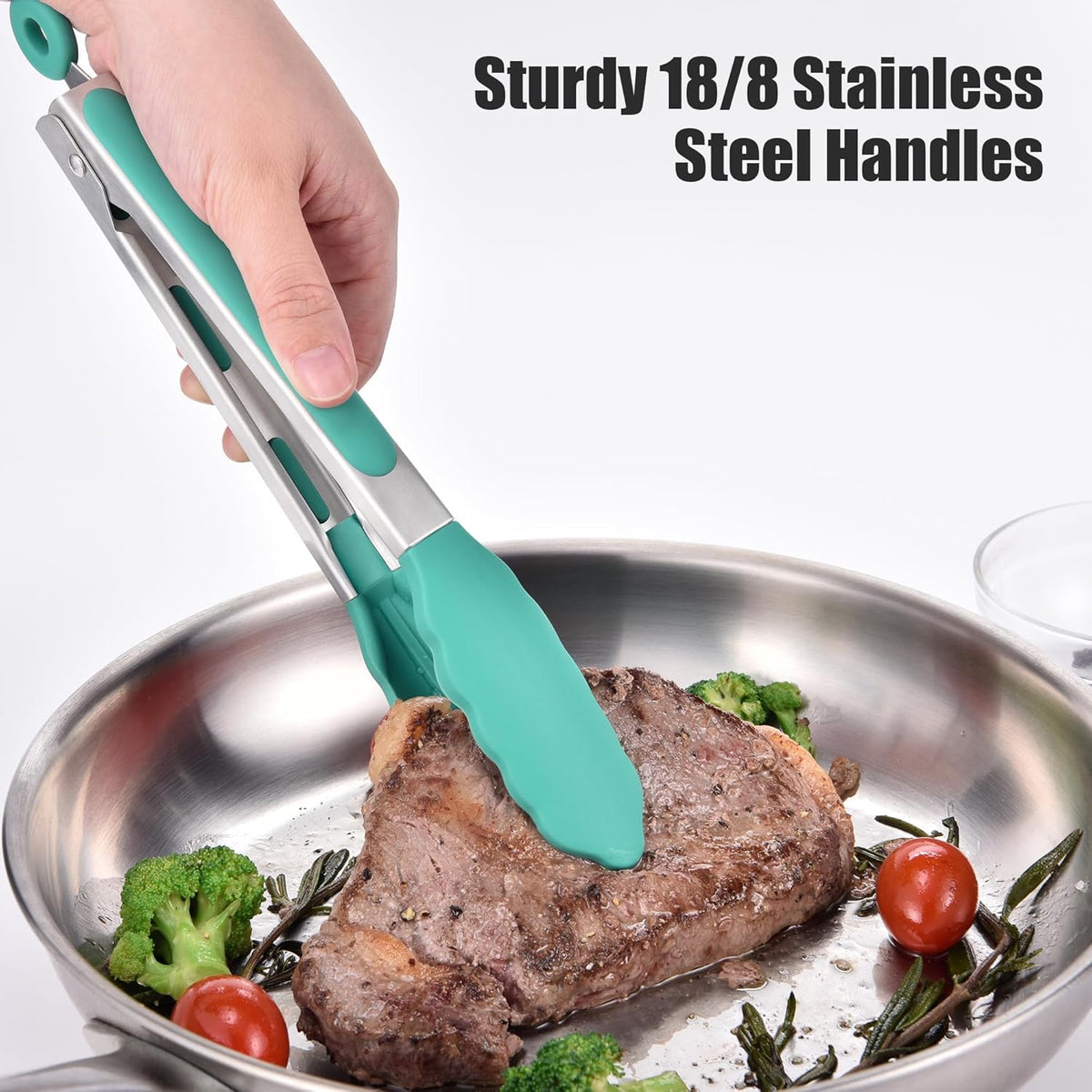 Doosu Kitchen Tongs for Cooking - 600°F Heat Resistant Food Tong with Non-Scratch Silicone Tips, Heavy Duty Stainless Steel Locking Tong for BBQ, Grilling Steak, Serving Salad, Pasta (9in, Aqua Sky)
