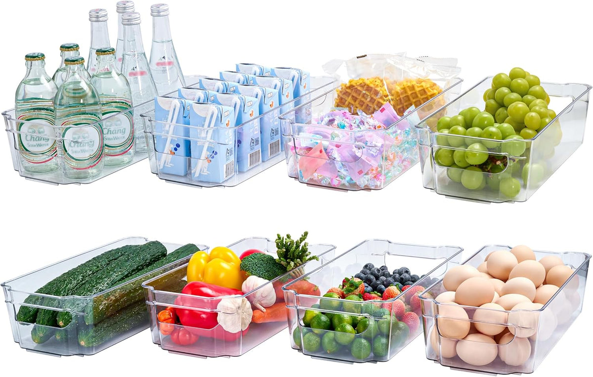 JollyPack 8 Pack Clear Plastic Storage Bins, Pantry Organizers and Storage with Handles, Clear Storage Containers for Fridge, Kitchen, Cabinet, Bathroom and Office
