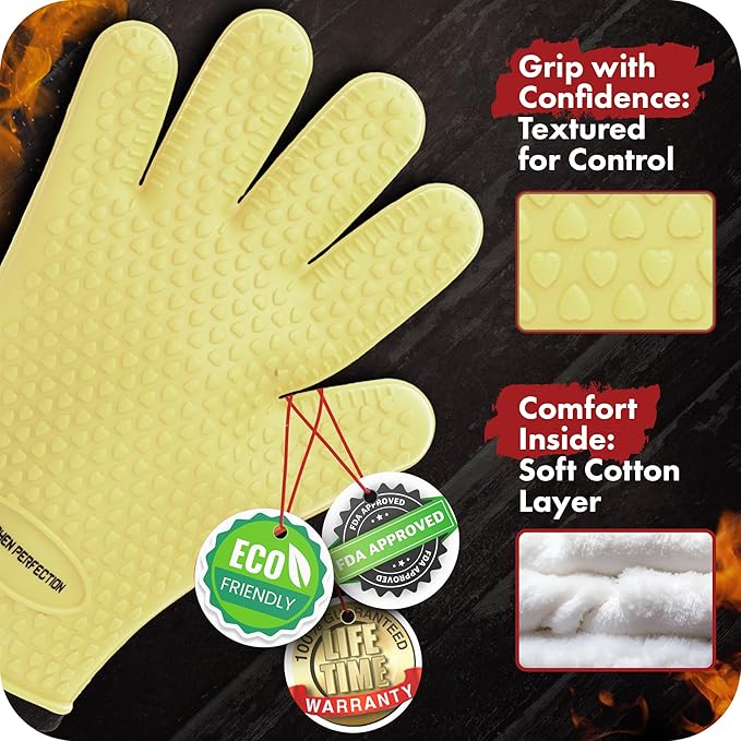 KITCHEN PERFECTION XL Silicone Smoker Oven Gloves for Women -Extreme Heat Resistant BBQ Gloves -Handle Hot Food Right on Your Grill Fryer&Pit|Waterproof Grilling Cooking Mitts|Superior Set+3 Bonuses