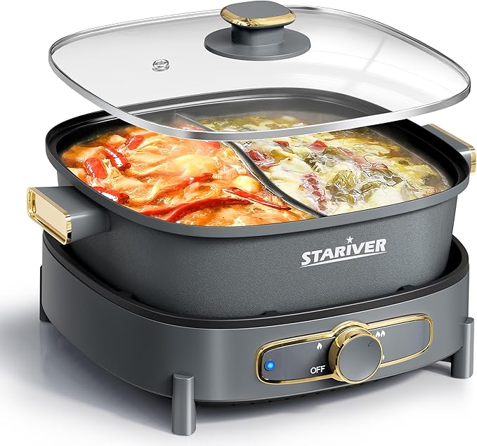 Stariver Hot Pot Electric with Divider, Large 6L Nonstick Double-Flavor Electric Shabu Shabu Pot, 1500W Hotpot with 3 Power Settings, Perfect for Family Dinners & Parties