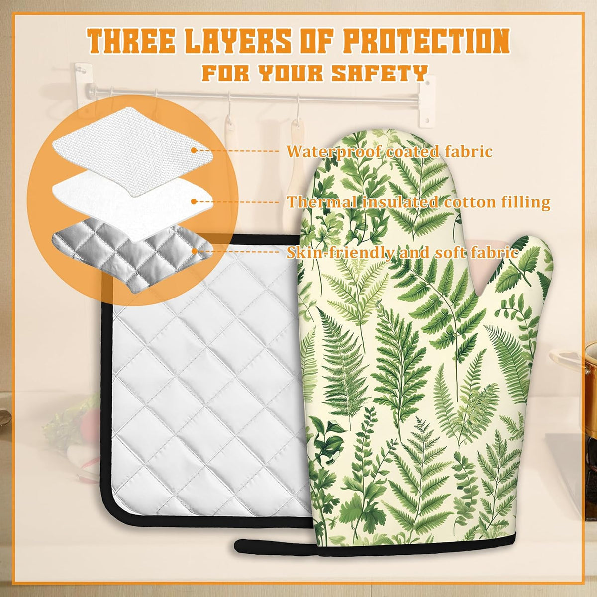 Fern Herbs Oven Mitts and Pot Holders Set,Botanical Floral Leaf Kitchen Decor Heat Resistant Non Slip Hot Pads and Oven Mitt for Chef Cooking Baking BBQ Mom Girl Gifts(4 Piece Set)
