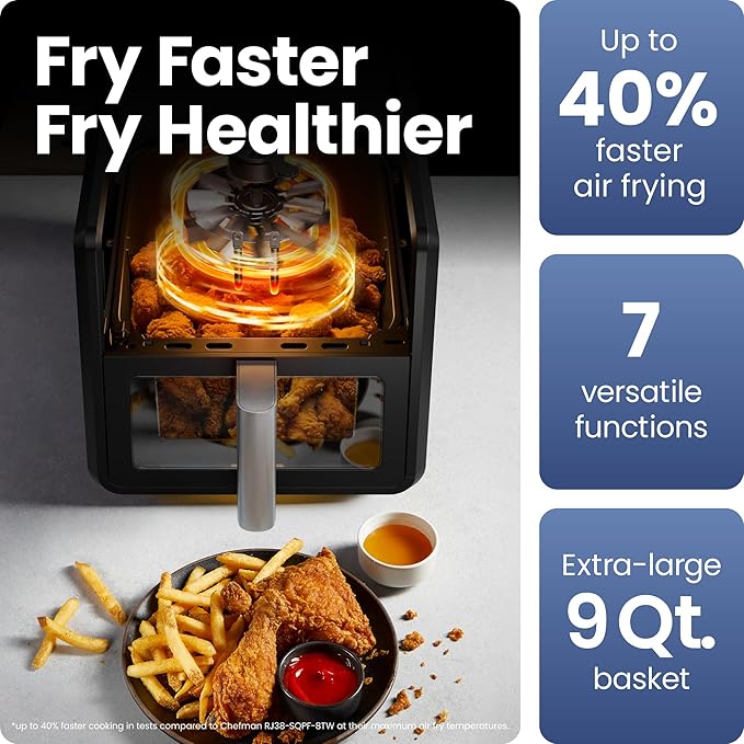 Chefman Air Fryer 9 Qt | TurboFry 7-in-1 High-Powered 450°F Cooking for Crispier and Even Results | XL Basket with Viewing Window | Air Fry, Bake, Broil, Reheat, Dehydrate, Defrost, Keep Warm