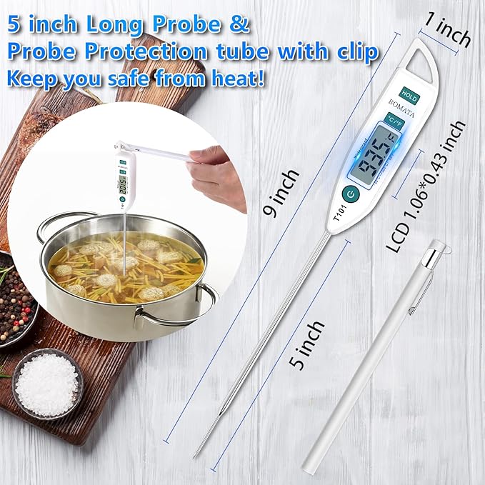 BOMATA Waterproof IPX7 Thermometer for Water, Liquid, Candle and Cooking. Instant Read Food Thermometer with Long Probe for Cooking, Meat, BBQ! T101 White