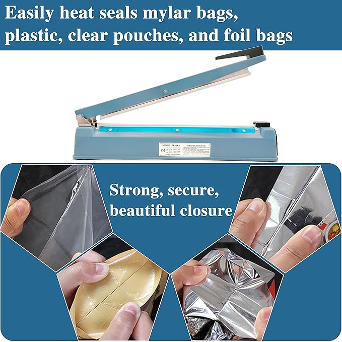 Impulse Heat Sealer 16 Inch Mylar Bag Sealer Heat Seal Machine, 110v Manual Heat Sealer for Plastic/Poly/Cookie Bags, 8 Replacement Parts & Teflon Cloth Strip(2 Round Cutter Lines Included)
