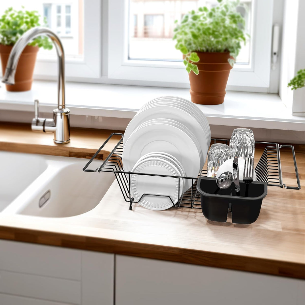 SIMPLE HOUSEWARE Large Over Sink Counter Top Stainless Steel Dish Drainer Drying Rack with Utensil Holder, Black