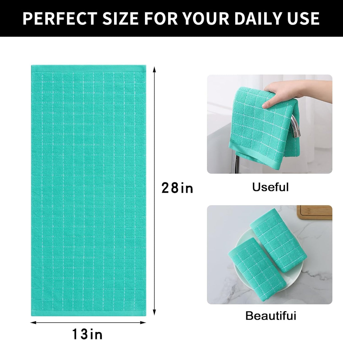 Homaxy 100% Cotton Terry Kitchen Towels(Turquoise, 13 x 28 inches), Checkered Designed, Soft and Super Absorbent Dish Towels, 4 Pack
