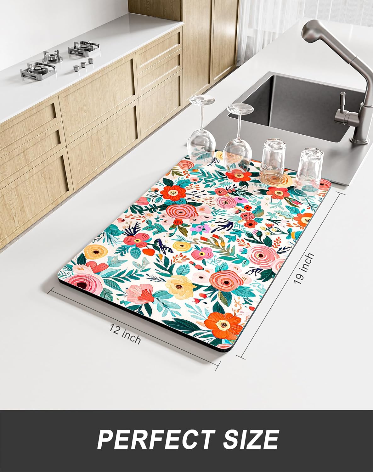 Rnivvi Dish Drying Mat for Kitchen Counter, 12 x 19" Cute Flower Super Absorbent Draining Pad, Non-Slip Heat Resistant Coffee Bar Mats for Coffee Machine Station Accessories, Colorful Dish Rack Pad