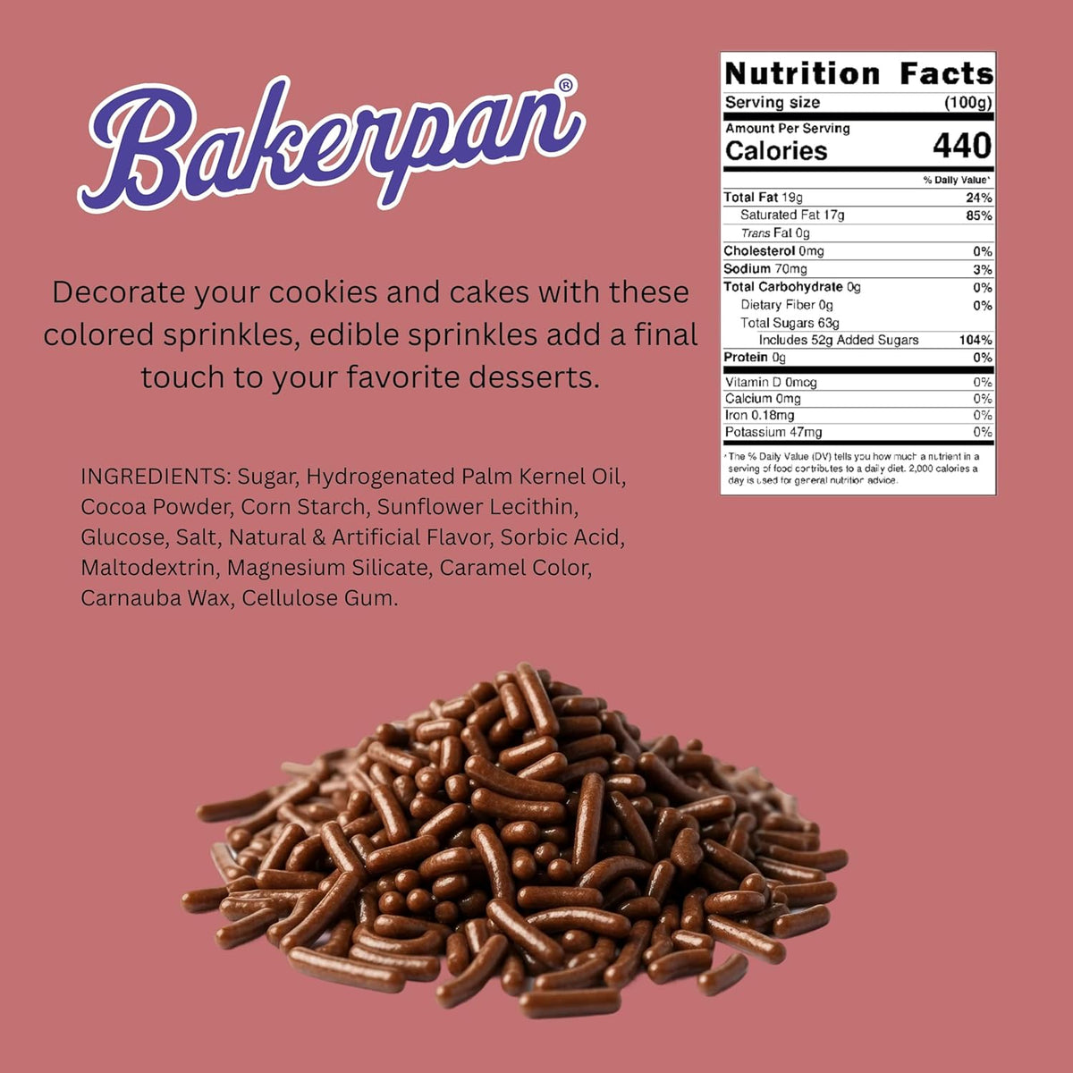 Bakerpan Chocolate Sprinkles for Cake Decorating - 2 Bottles of 4.3 Ounces Chocolate Jimmies Sprinkles for Ice Cream, Baking, Cupcakes, Cookies (Made in USA)