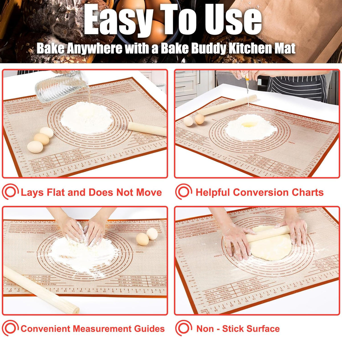 Silicone Baking Mat 36x24 Inch Nonstick Pastry Mat Perfect for Dough Mat, Pastry Board, Kitchen Counter Mat - For Dough, Pastry, Pie Crust, Fondant, Cookies, Bread, Pasta/Pizza, Red
